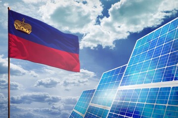 Liechtenstein solar energy, alternative energy industrial concept with flag industrial illustration - fight with global climate changing, 3D illustration - obrazy, fototapety, plakaty