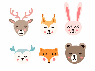 A set of forest animals drawn by hand. Deer, squirrel, hare, owl, bear. Beautiful colorful animals for postcards and t-shirts