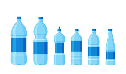 Set of Empty Plastic Bottles. Transparent Blue Containers For Water Or Liquids, Isolated Mockups For Advertising