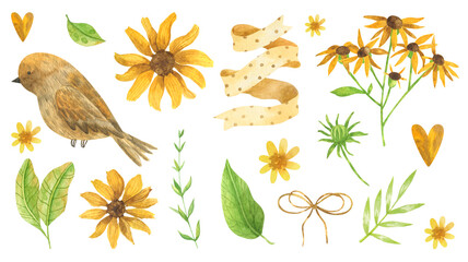 Watercolor collection of yellow flowers, leaves, bird, hearts. Cute set with rustic elements, watercolor illustration.