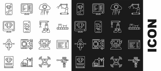 Set line Mechanical robot hand and screwdriver, Software, web developer programming code, Conveyor belt with cardboard box, Internet things, Algorithm, Bot, and Assembly line icon. Vector