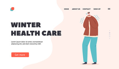 Winter Health Care Landing Page Template. Freezing Senior Male Character Suffer Cold Weather, Low or Freeze