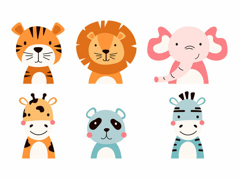 A set of hand-drawn animals. Tiger, lion, elephant, zebra, giraffe, panda. Beautiful colorful and cute vector animals for postcards, t-shirts and notebooks