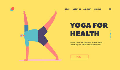 Yoga for Health Landing Page Template. Grandfather Doing Asana or Gymnastics. Elderly Male Character Stretching, Pilates