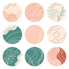 Hand-drawn Instagram highlight icons. Spring colorful set of Instagram icons. Icons for social networks.