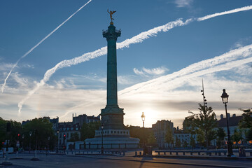 The July Column on Bastille square at sunrise , Paris, France.