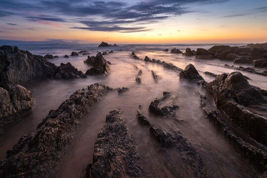 Beach of Barrika at sunset, Basque Country, Spain © Noradoa