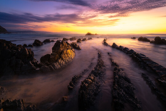 Beach of Barrika at sunset, Basque Country, Spain