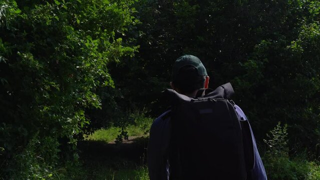 A young hiker comes out of the forest dark thickets to a small clearing with green deciduous trees, grass
and again approaches the woods. A man with a backpack and a cap is filmed from behind