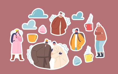 Fototapeta premium Set of Stickers Freezing People at Wintertime Season Freeze, Male and Female Characters Wear Warm Winter Clothes