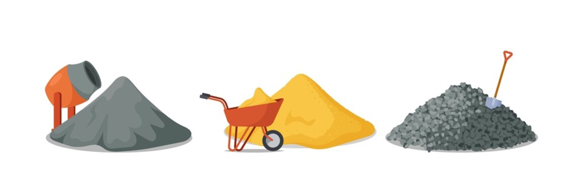 Construction And Building Materials Icons. Concrete Mixer, Pile Of Cement, Trolley With Sand And Gravel with Shovel