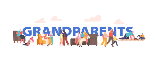 Grandchildren Visit Grandparents Concept. Grandfather, Grandmother and Kids Walking Together, Read Books, Playing