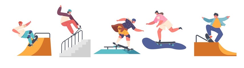 Set Of Children Skating In City Park. Teen Or Preteen Kids Skaters On Longboards, Boys And Girls . Urban Culture, Lifes © Pavlo Syvak