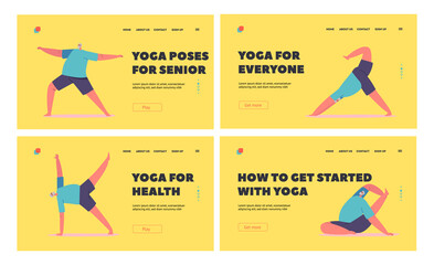 Yoga for Seniors Landing Page Template Set. Old Man in Yoga Asana Poses. Elderly Male Character Practice Healthy Life