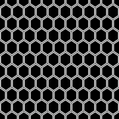 Repeated white polygons on black background. Honeycomb wallpaper. Seamless surface pattern design with regular hexagons. Grill motif. Digital paper for page fills, web designing, textile print. Vector