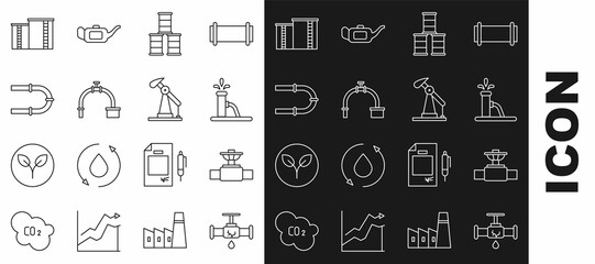 Set line Broken pipe with leaking water, Industry and valve, Oil pump or pump jack, Barrel oil, industrial factory building and icon. Vector