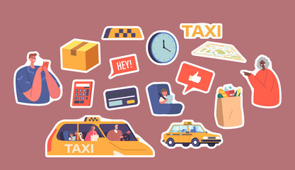 Set of Stickers Characters Use Taxi Service. Customers or Clients and Driver in Cab. Family with Children, Old Lady, Man