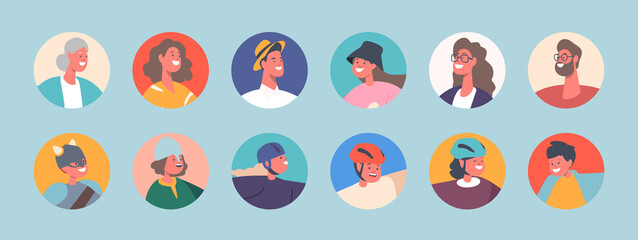 Set of People Avatars, Isolated Round Icons of Kids, Young and Senior Male and Female Characters Portraits