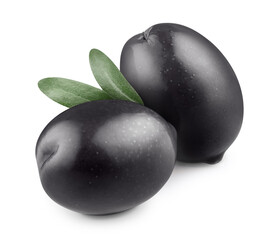 Delicious black olives, isolated on white background