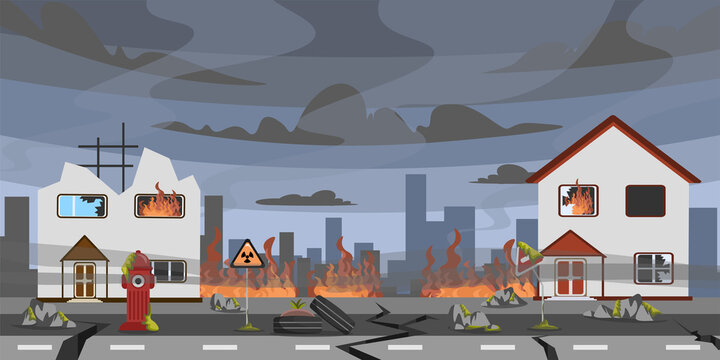 Vector illustration of natural disaster. Cartoon landscape doomsday who destroyed the whole city and peace, fires, earthquakes, radiation, chemical attacks.
