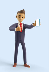 3d character pointing on blank smartphone display