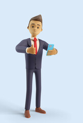 3d character in office suit showing thumbs up 