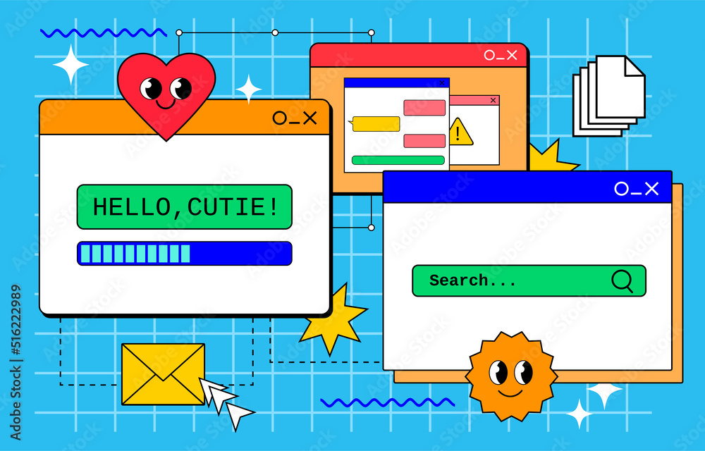 Fototapete Retrowave 90s pc desktop with message boxes and  user interface elements. Vaporwave style UI vector illustration with cartoon style 90s pc elements