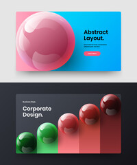 Geometric company identity design vector layout collection. Clean 3D balls site screen template set.