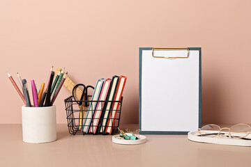 Empty frame mockup, desktop organizer with school stationary and office supplies. Back to school,...