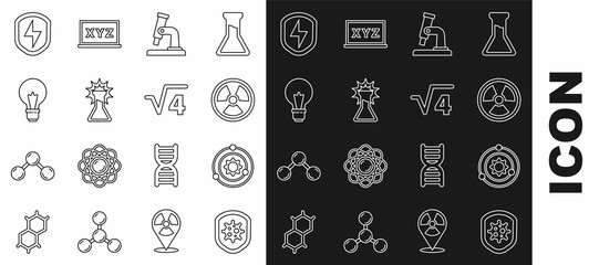 Set line Shield protecting from virus, Solar system, Radioactive, Microscope, Test tube and flask, Light bulb with concept of idea, Secure shield lightning and Square root 4 glyph icon. Vector