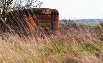An abandoned rusty brown trailer in the middle of a wasteland. Bare trees and dry last year's grass. Deserted place concept, Selective focus with copy-space