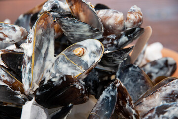 Front view of empty shells of eaten mussels in cream sauce.