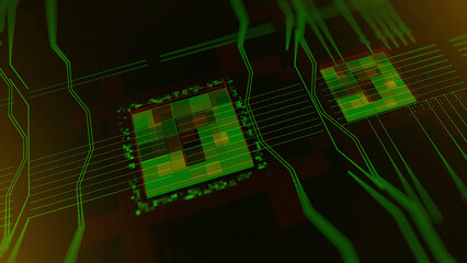 Green technological background, circuit board and code on dark blue background. Animation. Abstract micro chip, cyber security and modern technologies concept.