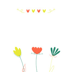 Yellow, orange, blue flower, heart vector template. Abstract stylish botanical design. Poster, gift card.