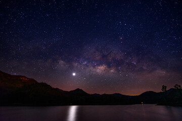 Obraz premium Beautiful landscape mountains and lake in the night with Milky Way with Mars and brightest Venus background, Chiang mai, Thailand