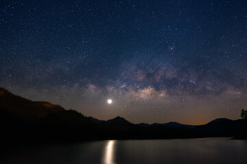 Beautiful landscape mountains and lake in the night with Milky Way with Mars and brightest Venus...