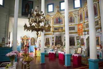 Interior of wooden Church of Cosmas and Damian in the village of Kolentsy, Kyiv Oblast, Ukraine	
