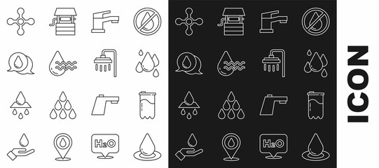 Set line Water drop, filter cartridge, tap, Recycle clean aqua, and Shower icon. Vector