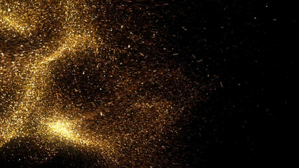 Abstract flight of golden particles on dark background. Animation. Amazing space dust, bright moving comet and its colorful trace.