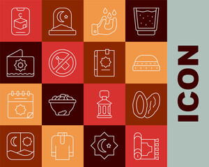 Set line Traditional carpet, Date fruit, Muslim hat for prayer, Wudhu, No alcohol, Octagonal star, Star and crescent and Holy book of Koran icon. Vector