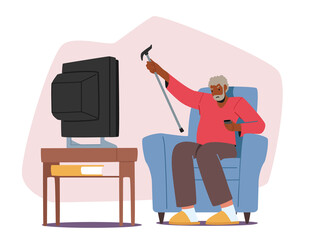 Upset Senior Man Watching Tv Waving Cane, Angry Dissatisfied Elderly Male Character Sitting on Armchair Watch Bad News