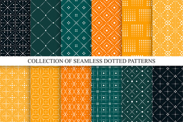Collection of seamless ornamental patterns. Elegant dotted textures - endless geometric backgrounds. Color textile repeatable prints