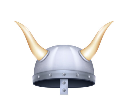 Realistic viking helmet with horns on white background. Protective element on northern costume