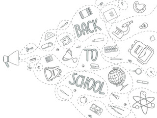 Back to school poster, banner with school supplies and ribbon