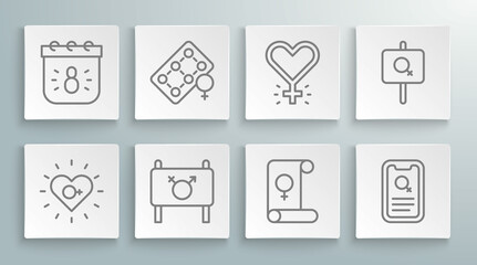 Set line Feminism, Packaging of birth control pills, Feminist activist, Dating app, and Calendar with 8 March icon. Vector