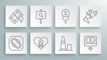 Set line Sanitary napkin, Feminist activist, Heart with female, Lipstick, Money growth woman, Feminism finance, and Packaging of birth control pills icon. Vector