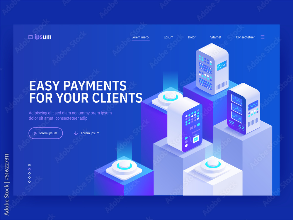 Poster easy payment for your clients isometric vector image on blue background. online banking service syst