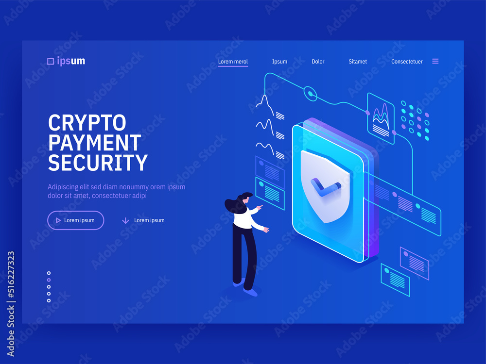 Poster crypto payment security isometric vector image on blue background. safe transaction in virtual space