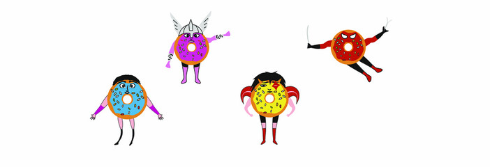 Cartoon donut characters with happy face. Colorful doughnut collection. Sweet pastry banner vector illustration. Funny food emoji set