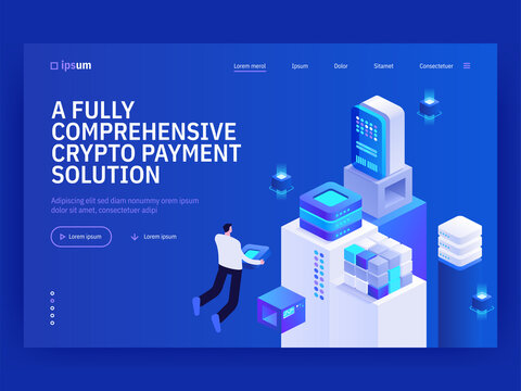 Fully comprehensive crypto payment solution isometric vector image on blue background. Blockchain system for business. Virtual banking. Web banner with space for text. Composition with 3d components